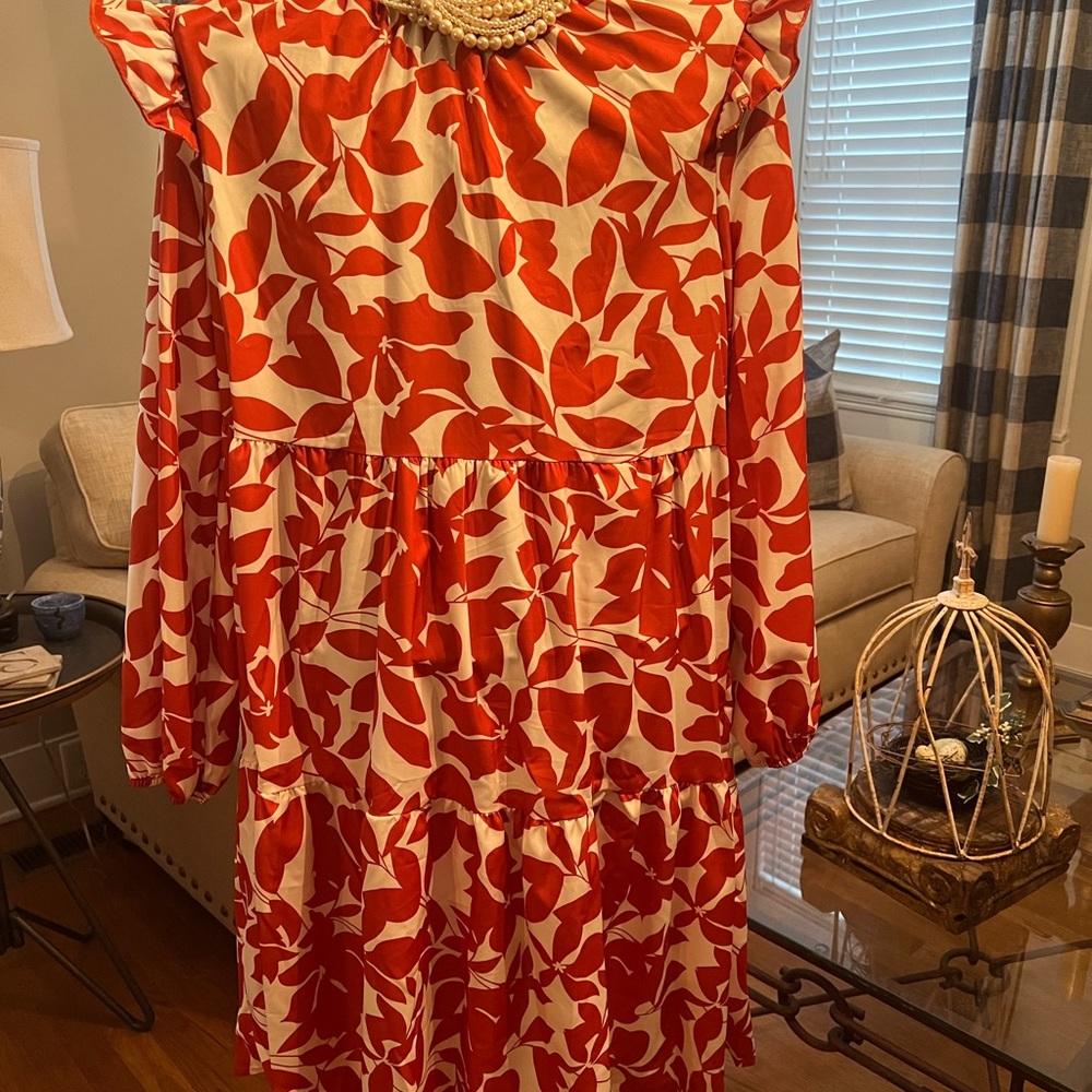 Beautiful women knee length dress(orange & cream ~size L
